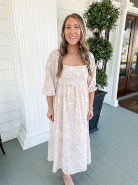 Gilli Cream Floral Square-Neck Midi Dress
